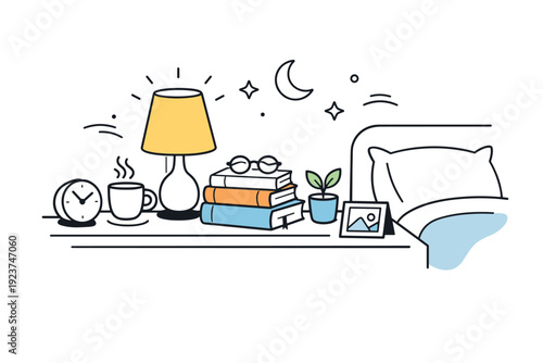 Sunday night calm. A bedroom or reading nook glows softly with a bedside lamp, books and objects at rest. The illustration suggests closure,