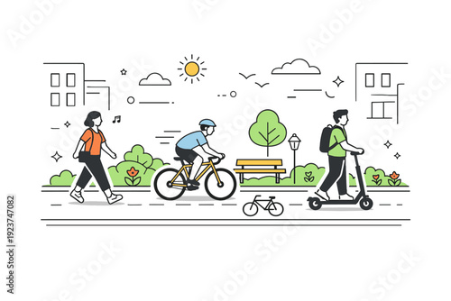 Sustainable daily commuting options. Minimal morning commute scene with bike lane, pedestrian path, and greenery between buildings. Calm