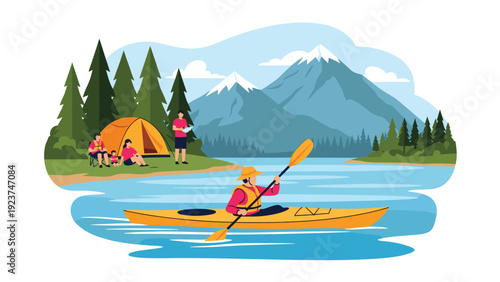 Families and individuals enjoying outdoor recreation by camping in tents and kayaking on a calm river with beautiful snowy mountain peaks.