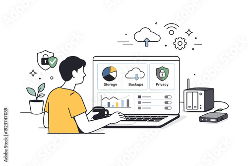 Digital sovereignty at home. A symbolic editorial scene of a calm user managing their own dashboard with storage, backups, and privacy tools, expressing