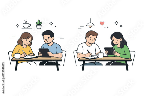Couples parallel activities in a cafe. Partners sit at the same table, one writing notes, the other using a tablet, both quietly focused.