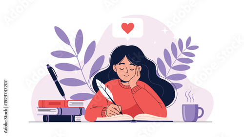Creative woman sitting at her desk writing in a journal with a feather pen surrounded by purple plants and steaming hot coffee.
