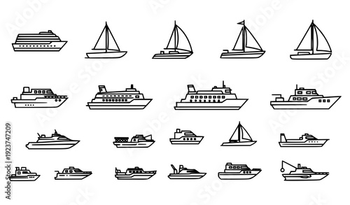 Boat and Ship Outline Icon Set Thin Line Vector Nautical Water Transportation Collection Transparent