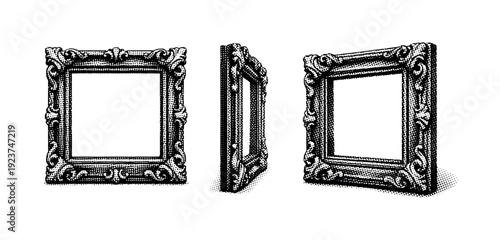 Ornate vintage picture frames displayed from multiple angles in a graphic illustration