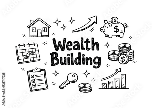 Wealth Building. Hand-drawn doodle illustration of Wealth Building. house, upward arrow,