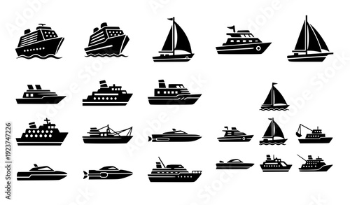 Boat and Ship Icon Set Flat Vector Cruise Sailboat Yacht Ferry Trawler Speedboat Collection Transparent Background