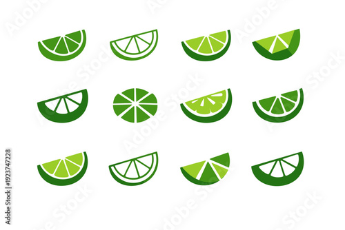 Lime wedge. Icon set. Set Logo of Lime wedge: sliced lime with rind. harmonious logo variations of the same emblematic concept, each with