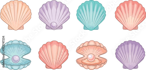 Pastel scallop shells with pearl set. Cute colorful sea shell illustrations collection. Soft marine elements isolated on transparent background.
