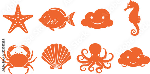 Cute marine animal silhouette set. Starfish, fish, crab, octopus and seahorse icons. Simple ocean shapes isolated on transparent background.