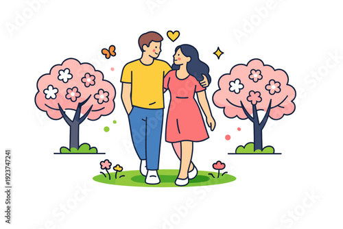 Romantic spring couple relaxed walk together under flowering trees, conveying connection, harmony, and the calm joy of shared time outdoors.