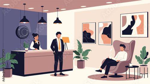Stylish modern hotel lobby featuring a reception desk with a clerk and a guest waiting in a comfortable armchair with coffee and paintings.