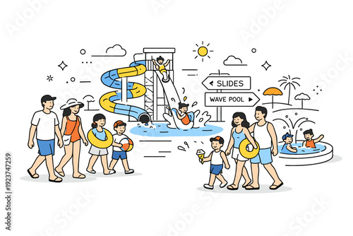 Water parks fun scenes. Visitors walking through the park with slides and pools visible around, light splashes and signage in the background. Lively but