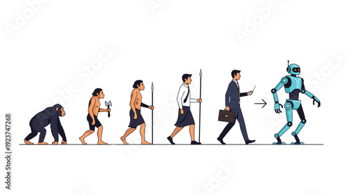 Human evolution timeline showing transition from primitive primates to modern businessmen and advanced humanoid robots.