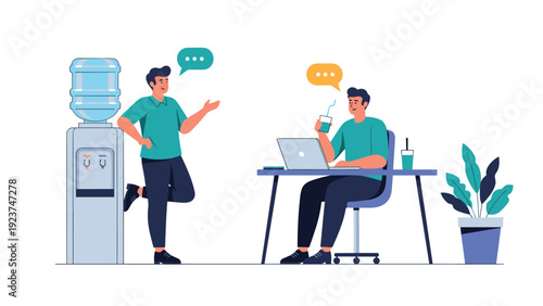 Two male colleagues having a casual conversation while one leans against a water cooler and the other sits at his desk.