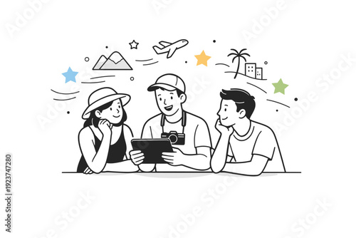 Tourist Storytelling Moment. local tourism storytelling. A tourist sharing experiences with friends using a tablet or notebook, abstract floating stars and