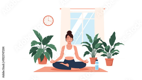 Young woman practicing peaceful meditation in a comfortable living room surrounded by green houseplants and soft light.