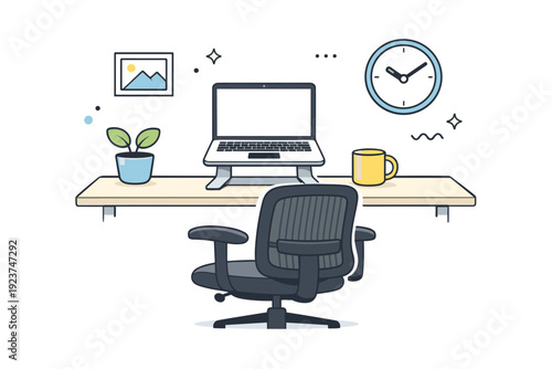 Minimal home office setup. Clean desk with laptop on a stand, ergonomic chair, small plant, and coffee mug neatly arranged. Simplicity,