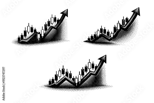 Halftone Market Trend. Financial chart market trend indicator object. Black and white dot style with halftone texture and high contrast. Halftone texture with