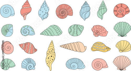 Pastel sea shell collection set. Cute colorful spiral and scallop shells illustration. Flat marine elements isolated on transparent background.