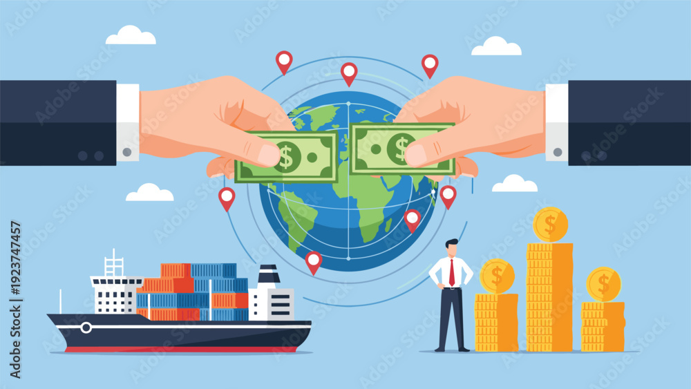 Fototapeta premium Global financial exchange concept showing hands trading money over a map of the earth with a cargo ship and coins.