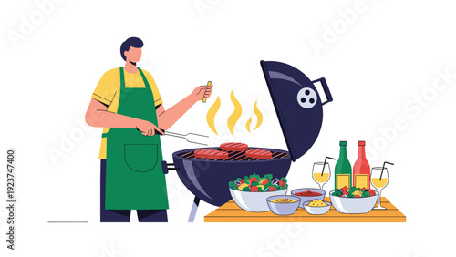 Man wearing a green apron grilling delicious burgers on a barbecue during an outdoor summer cookout with side dishes.