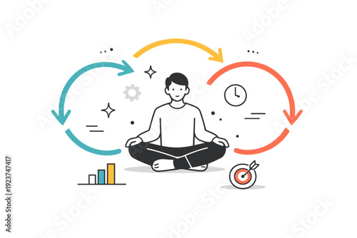 Strategic stagnation. A figure calmly centered in a composition where arrows loop but never advance, creating a sense of suspended progress.