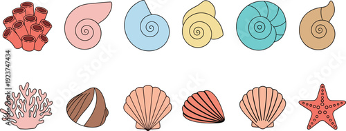Cute sea shell and coral icon set. Colorful flat marine elements with starfish and spiral shells. Beach collection isolated on transparent background.