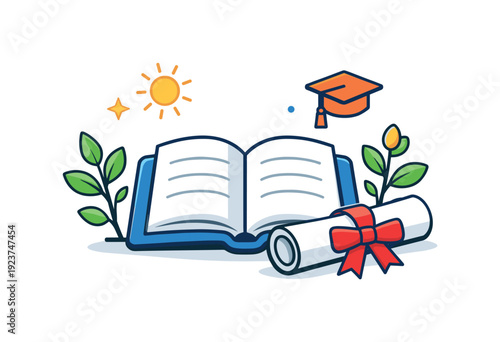 Spring graduation ceremony symbolic scene with an open book, diploma ribbon and fresh greenery, representing learning, growth and forward