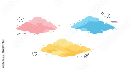 Whimsical watercolor clouds in pink, blue, and yellow with playful decorative elements
