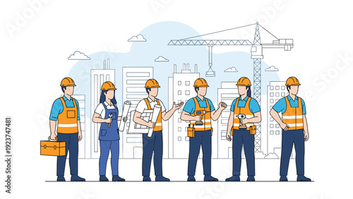 Diverse group of professional construction workers and engineers in safety gear standing before a city building site.