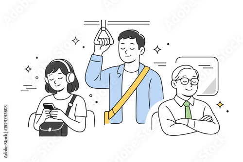 Commuter Micro-Rest Moment. People resting eyes briefly. Person standing or sitting during a commute with eyes gently closed. Trust in routine, micro-rest,