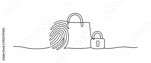 "Trusted payment security". Minimalistic one-line drawing fingerprint merging with shopping