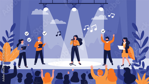 Talented female singer performing on stage under spotlights while an enthusiastic audience cheers and dances during a live music concert.