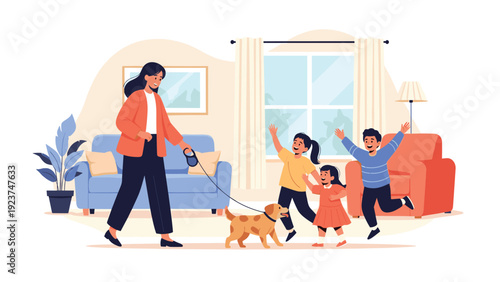 Happy woman walking her dog through a living room while excited children play together in the background of a home.