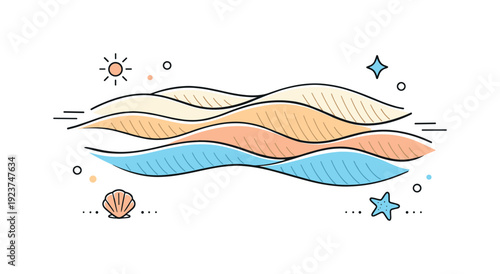 Stylized illustration of ocean waves with sun, starfish, and seashell elements