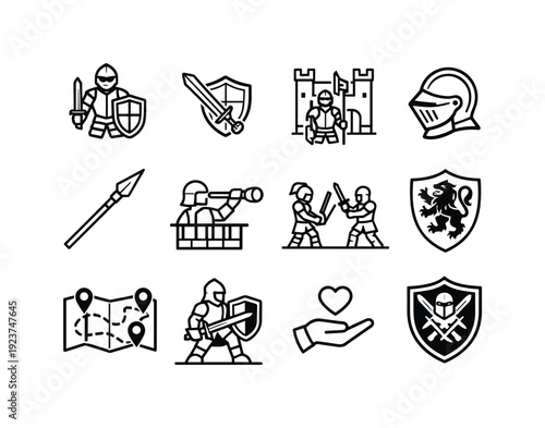 Knights Icon Set. Knights and Guards. Line outline icon set of Knights and Guards: armored knight, sword and