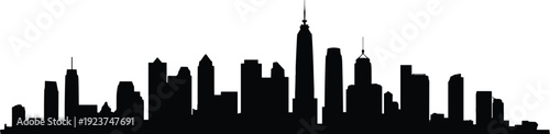 Black silhouette city skyline illustration with tall skyscrapers, urban architecture, modern metropolitan buildings, landmark tower, vector art design
