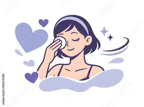 Gentle Skincare Illustration. Soft touch skincare. Cotton pad pressing lightly near the eye, heart and curve