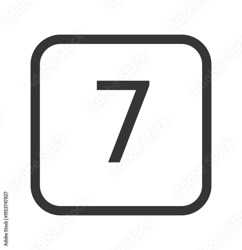 Minimalist vector graphic illustration of the number seven, presented in a sleek dark gray rounded square frame design, perfect for modern app icons, user interfaces, or clean digital ranking system v