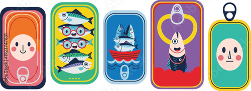 Colorful sardine tin labels set. Cute fish characters and retro seafood packaging design collection. Flat vector illustration isolated on transparent background.