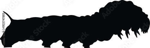 Dark silhouette of a plump caterpillar larva crawling isolated on white.