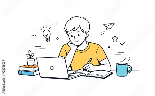Student life concepts. A student studies at a desk with a laptop, books, and a coffee mug. Calm focused mood of everyday learning and