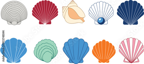 Colorful scallop shell icon set. Flat sea shells with pearl variations collection. Simple marine shapes isolated on transparent background.