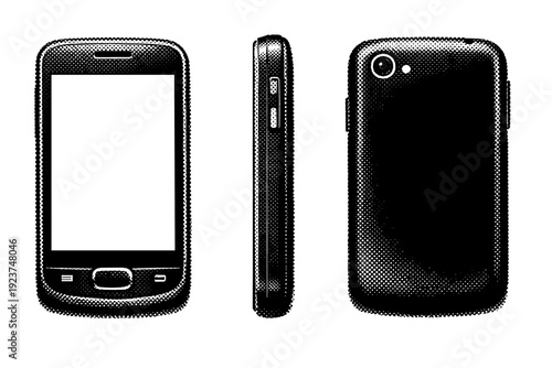 Smartphone silhouette, A classic early- smartphone shown as a single object set in three views highlighting thicker body profile,