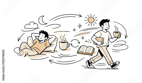 Balanced lifestyle concept. A relaxed character switching between rest and light activity,