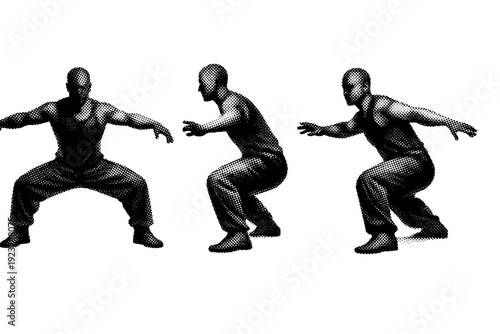 Dancing human figure a human figure in a grounded dance stance with bent knees and extended arms shown from front view profile view and