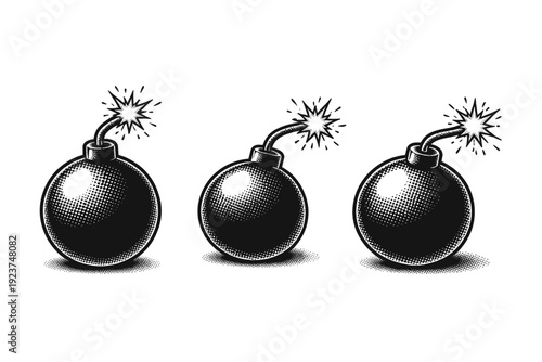 Comic-style action icon depicted as a single symbolic object shown in front view, side view, and three-quarter view to demonstrate bold form and readability.