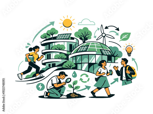 Eco-friendly buildings. Architectural forms integrated with trees, solar panels, and natural