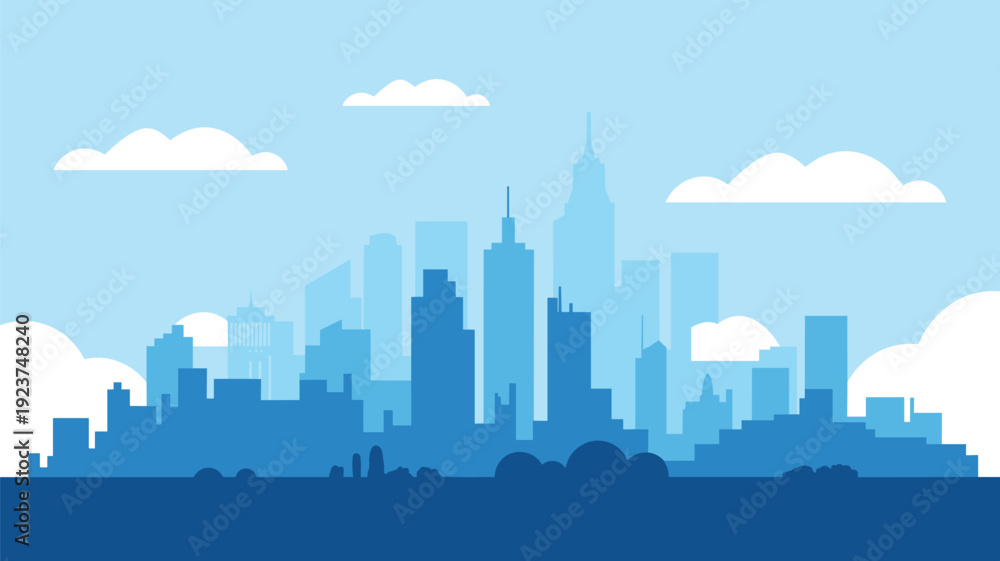 Obraz premium Modern city skyline vector illustration with skyscrapers, blue layered buildings, urban landscape, clouds and trees, architecture design for creative projects