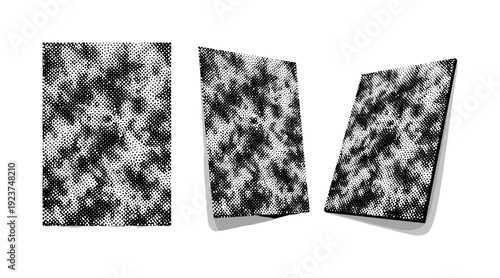 Halftone stochastic dot noise texture. A single stochastic halftone dot noise texture panel shown in three views: straight-on view, slight